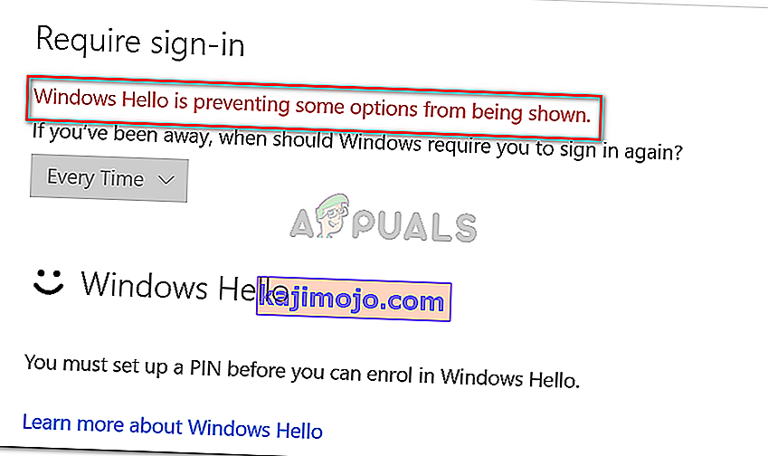 „Windows Hello“ neleidžia rodyti kai kurių parinkčių