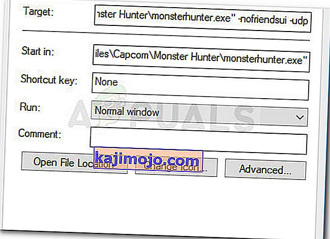 Menambahkan parameter -nofriendsui -UDP atau -nofriendsui -tcp ke Monster Hunter: Pintasan dunia