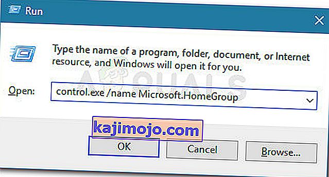 Vykdyti dialogo langą: control.exe / name Microsoft.HomeGroup