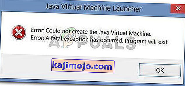 Java-virtuaalikoneen luominen epäonnistui.  Virhe: Tapahtui kohtalokas poikkeus.  Ohjelma sulkeutuu.