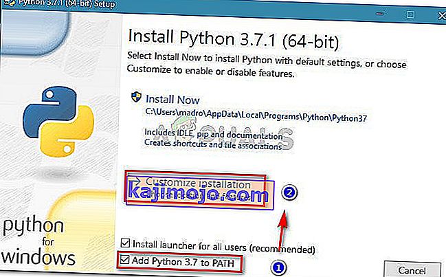 Python'un PATH'e eklendiğinden emin olun, ardından Kurulumu özelleştir'e tıklayın