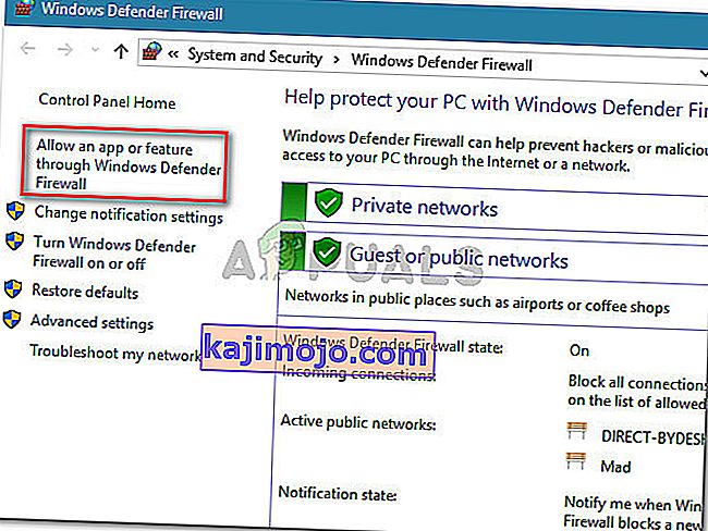 Spustelėkite Leisti programą ar funkciją per „Windows Defender“ užkardą