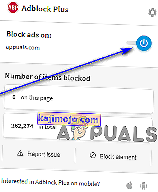 κάντε κλικ στο μπλε κουμπί λειτουργίας για να απενεργοποιήσετε το adblock plus