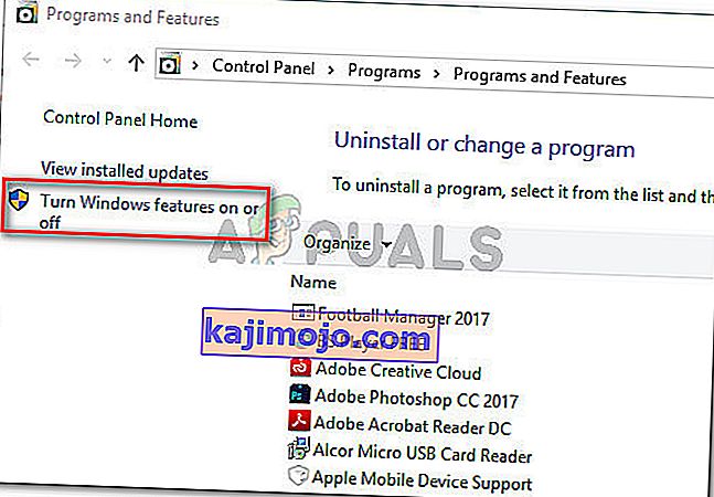 In Programs and Features, click on Turn Windows Features On or Off