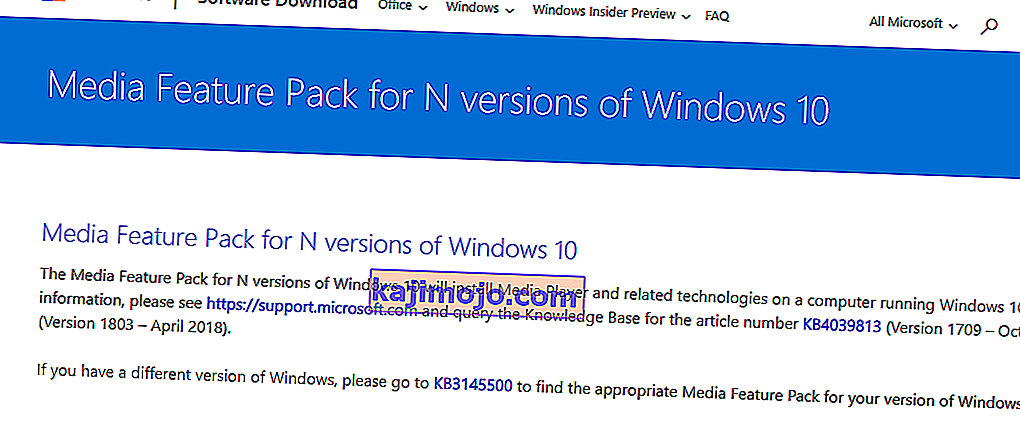 Media Feature Pack Windows N jaoks