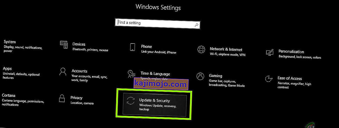Atnaujinimų ir saugos atidarymas - „Windows 10“ nustatymai